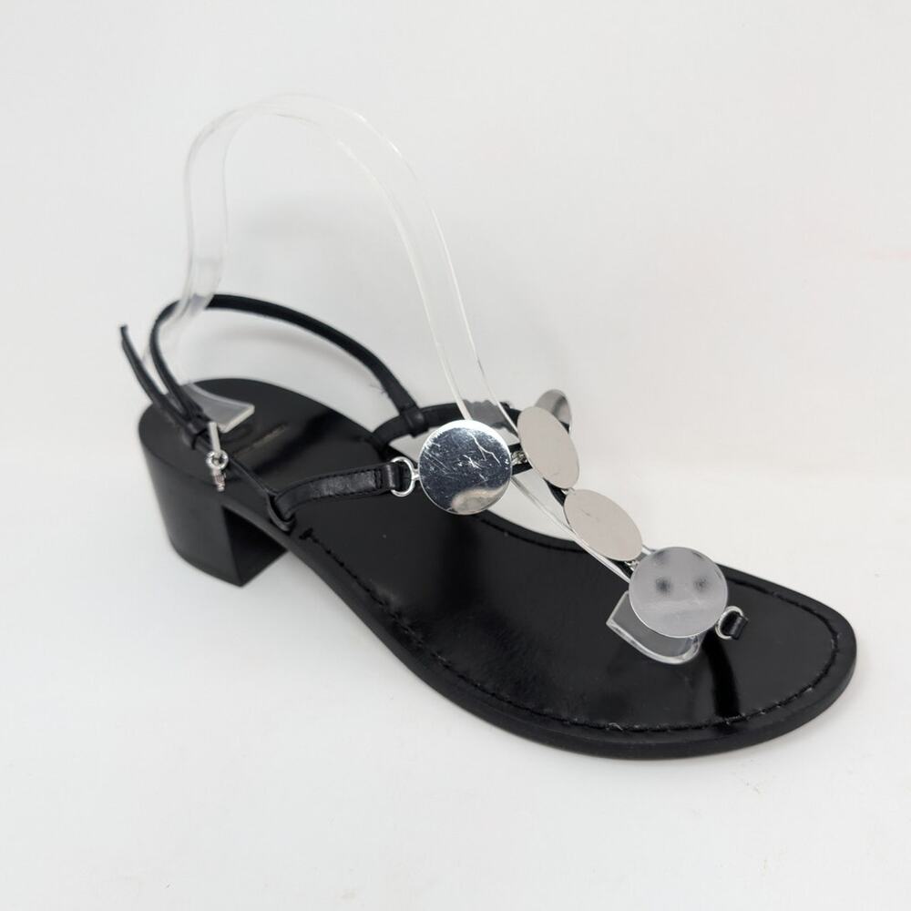 Tory Burch Black Leather Summer Sandals Silver Disc Heels Size 9 - Picture 12 of 16